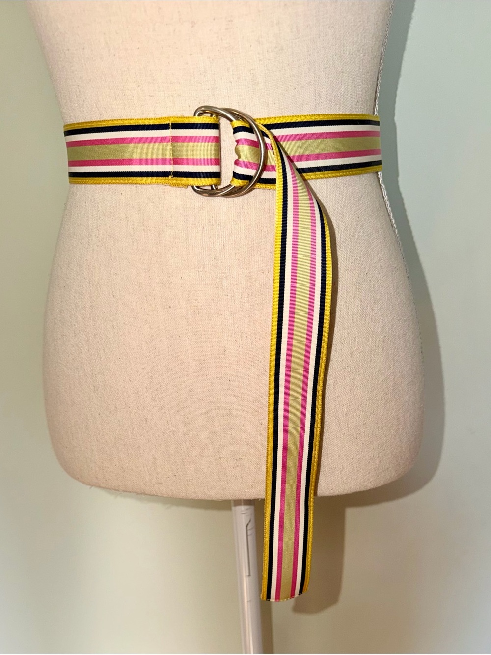 J. Crew Pink, Yellow & Black Striped Web Belt with Double Ring Buckle